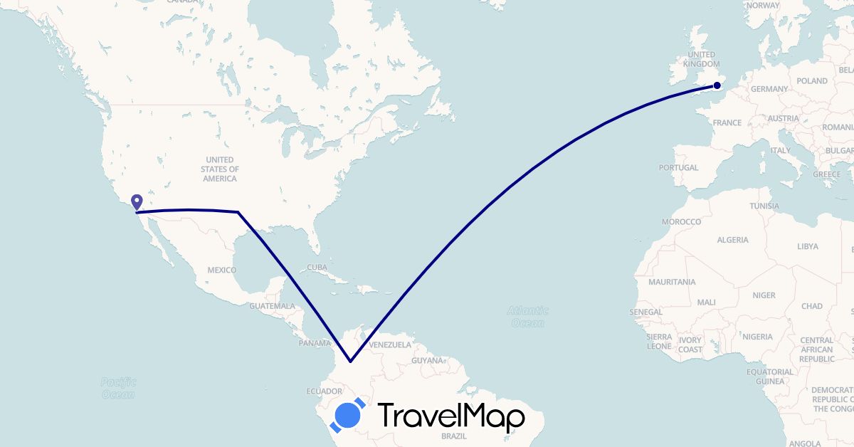TravelMap itinerary: driving in Colombia, United Kingdom, United States (Europe, North America, South America)